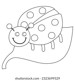 Cute ladybug sitting on leaf. Black and white. Cartoon vector illustration for coloring book.