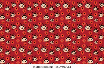 cute ladybug smiling pattern, with red and black tones, with flowers, for backgrounds and textures