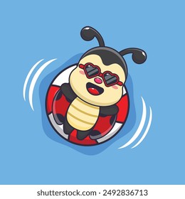 Cute ladybug in sunglasses float with buoy. Cute summer cartoon illustration. Vector cartoon Illustration suitable for poster, brochure, web, mascot, sticker, logo and icon.