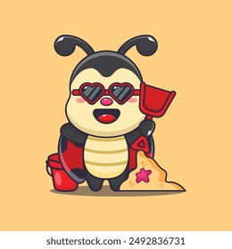 Cute ladybug in sunglasses play sand beach cartoon illustration. Cute summer cartoon illustration. Vector cartoon Illustration suitable for poster, brochure, web, mascot, sticker, logo and icon.