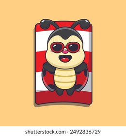 Linda mariquita con gafas de sol dormir en la playa. Lindo verano ilustración de dibujos animados. Vector de dibujos animados Ilustración adecuada para el cartel, folleto, Web, mascota, etiqueta engomada, logotipo e icono.