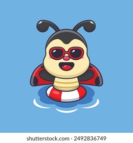 Cute ladybug in sunglasses swimming on beach. Cute summer cartoon illustration. Vector cartoon Illustration suitable for poster, brochure, web, mascot, sticker, logo and icon.