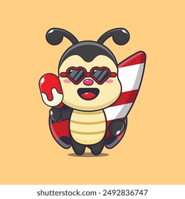 Cute ladybug with surfboard holding ice cartoon illustration. Cute summer cartoon illustration. Vector cartoon Illustration suitable for poster, brochure, web, mascot, sticker, logo and icon.
