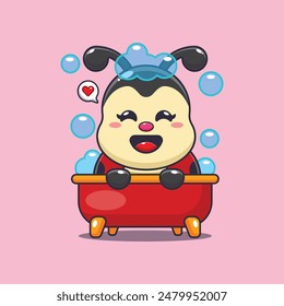 Cute mariquita tomando baño de burbujas en la Ilustración vectorial de dibujos animados bañera. Vector de dibujos animados Ilustración adecuada para el cartel, folleto, Web, mascota, etiqueta engomada, logotipo e icono.