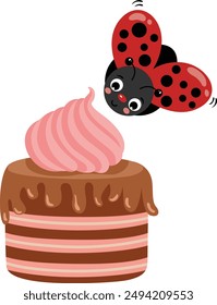 Cute ladybug with tasty strawberry cake
