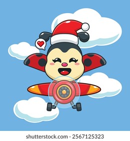 Cute ladybug wearing santa hat fly with plane in Christmas day. 
Cartoon vector illustration in Christmas day.