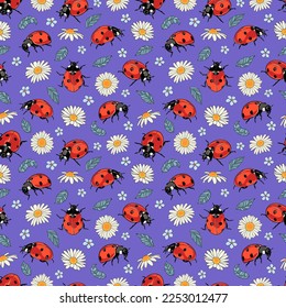  Cute Ladybug and wild flowers seamless pattern for stationery, fabric, wallpaper, packaging or notebook cover. Hand drawn vector repeat background.