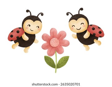 Cute Ladybugs and Flower – Watercolor Style Insect Illustration for Kids