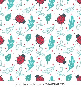 Cute ladybugs and foliage seamless hand drawn pattern