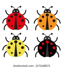 Cute ladybugs in four colors, flat design, summer insect clip art