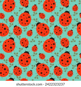 Cute ladybugs and green leaf seamless pattern. Colorful childish background. Pattern for spring with ladybugs and leaves