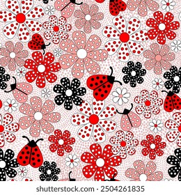 Cute ladybugs red pattern. Red background or  nursery flower and animal  vector.