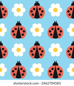 Cute ladybugs seamless pattern design. Vector illustration.