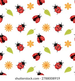 Cute ladybugs seamless pattern with summer flowers and leaves. Childish vector background with ladybird characters for fabric.