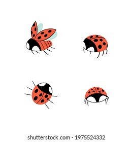 Cute ladybugs set on white background flat style.