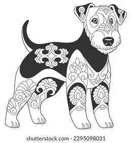 Cute lakeland terrier dog design. Animal coloring page with mandala and zentangle ornaments