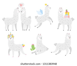 Cute lama. Alpaca animal set. Vector illustration, isolated on white background. Design for poster, sticker or t-shirt.