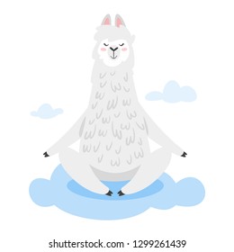 Cute lama. Alpaca animal sitting in yoga pose on the cloud. Vector illustration, isolated on white background. Design for poster, sticker or t-shirt.