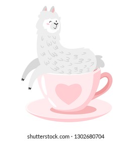 Cute lama. Alpaca animal sitting in pink cup with heart. Vector illustration, isolated on white background. Design for poster, sticker or t-shirt.