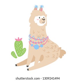 Cute lama. Alpaca animal with traditional knitted decorations sitting near cactus. Vector illustration, isolated on white background. Design for poster, sticker or t-shirt.