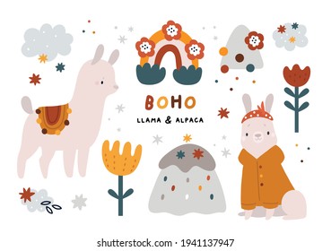 Cute Lama und Alpaca. Kindertiere Clipkunst.  Regenbogen und Naturelemente für Design. Boho Clip Art. Cartoon Lamas für Kinder Zimmer Dekoration, Druck, Karte, Baby Dusche Party.