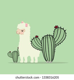 Cute lama alpaca with cactus