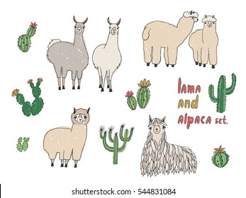 Conjunto de cactus y lama. Ilustración vectorial dibujada a mano