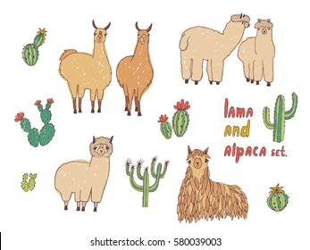 Cute Lama, Alpaca and cactuses set. Hand drawn colorful vector illustration