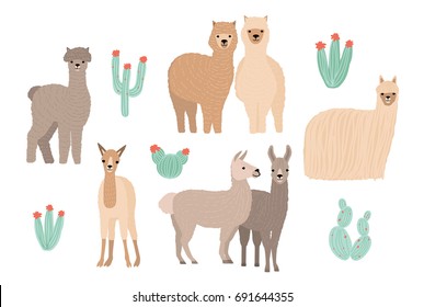 Cute Lama, Alpaca and cactuses set. Hand drawn cartoon colorful vector illustration