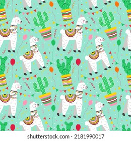 Alpaca de lama cuta en estilo de celebración con cactus, patrón vectorial sin fisuras