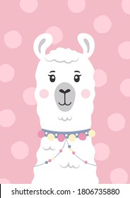 Cute lama, alpaca face. Cartoon character. Poster for baby room. Childish print for nursery. Design can be used for kids apparel, greeting card, invitation, baby shower. Vector.