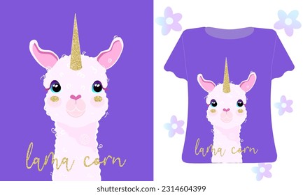 Cute lama, alpaca face. Cartoon unicorn character. Poster for baby room. Childish print for nursery, t shirt, textile. Design can be used for kids apparel, greeting card, invitation, baby shower.