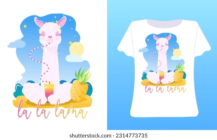 Cute lama, alpaca face, ocean. Cartoon unicorn summer character. Poster for baby room. Childish print  t shirt, textile. Design can be used for kids apparel, greeting card, invitation, baby shower.