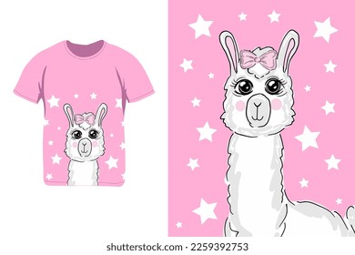 Cute lama, alpaca face on pink for t-shirt. Cartoon character. Poster for baby room. Childish print for nursery. Design can be used for kids apparel, greeting card, invitation, baby shower. Vector.