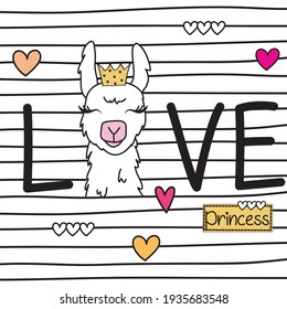 Cute lama alpaca head with crown and love text. Love lama on striped background.