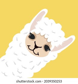 Cute lama alpaca head on yellow background flat