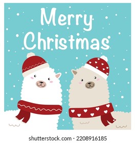 cute lama alpaca llama happy new year merry christmas set snow snowflakes hat blue postcard poster print 