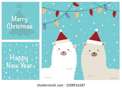 cute lama alpaca llama happy new year merry christmas set snow snowflakes hat blue postcard poster print 