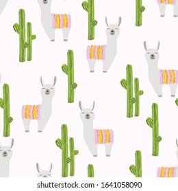 Cute lama with cacti and palms seamless pattern on light background. Baby animal illustration for kids. Child drawing style lama. Design for fabric, wallpaper, textile and décor. 