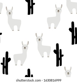 Cute lama with cacti seamless pattern on white background. Vector baby animal illustration for kids. Child drawing style lama. Design for fabric, wallpaper, textile and décor. Black white illustration