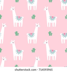 Cute lama with cacti seamless pattern on pink background. Vector baby animal illustration for kids. Child drawing style lama. Design for fabric, wallpaper, textile and decor.