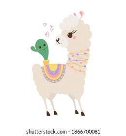 Cute lama with cactus on the back in pastel colors isolated on white background . Funny baby animal. Alpaca for your child's room design. Vector illustration