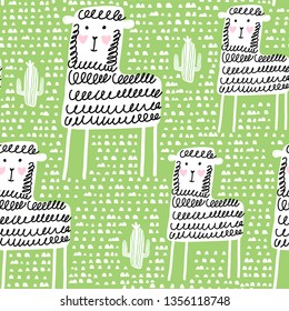 Corta lama con cactus sin soldadura sobre fondo verde. Excelente para tela, vectores textiles Ilustración. Patrón infantil sin costuras.