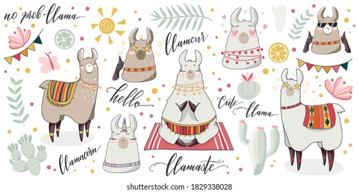 Cute lama and cactus summer illustration set. Alpaca hand drawn cartoon characters with lettering quotes. Vector elements for card and sticker design