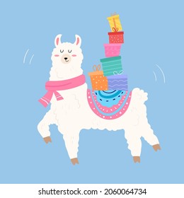Cute lama carrying gifts on the back for celebration. Cartoon style