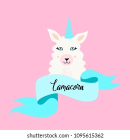 Cute Lama cartoon with blue ribbon on white background. Love the llama.For poster, greeting card,invitation,child room decor,sticker, notebook,childish accessories print, phone case.Hand drawn doodle