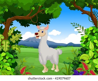 cute lama cartoon with forest landscape background