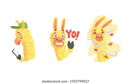 Cute Lama Character Walking in Windy Day and Reading Message on Smartphone Vector Set
