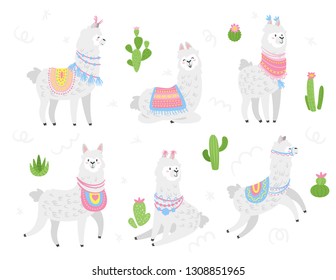 Cute lama collection. Alpaca animal with traditional knitted colorful decorations. Vector illustration, isolated on white background with cactus. Design for poster, sticker or t-shirt.