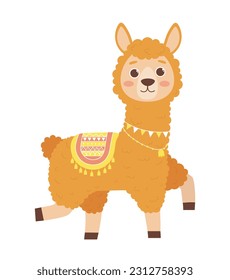 Cute lama concept. Orange alpaca with decorations. Cute and adorable character. Toy or mascot. Fauna and wildlife, nature. Cartoon flat vector illustration isolated on white background